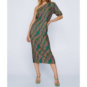 Nasty Gal Plisse One Shoulder Midi Dress in Green & Pink Pleated Accordion NWT 4